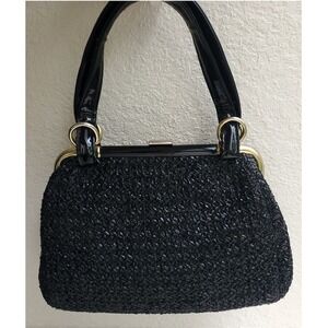 Vintage Lefcort 60s black woven bag patent‎ leather handles black and gold purse